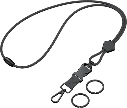Breakaway Lanyard for ID Badges, Heavy Duty Neck Lanyard with Safety Breakaway Buckle Detachable Buckle Length Adjuster Swivel Hook & Key Rings, Adjustable Round Cord for Keys, Black