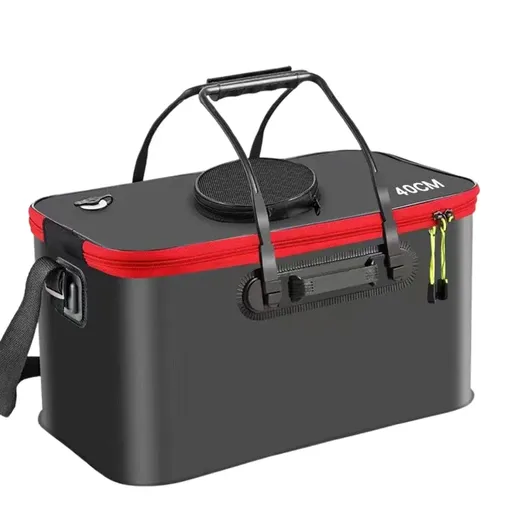Portable Folding EVA Fishing Bucket Multi Use Live Fish Container with Strap - Black-40cm