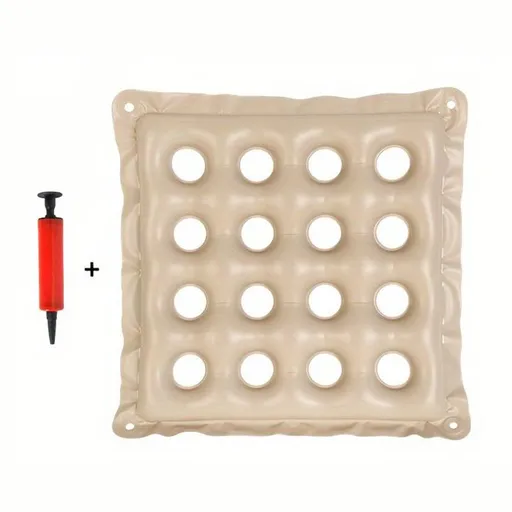 Cream Inflatable Seat Cushions for Pressure Relief, Wheelchair Air Cushion for Bed Sore, Comfortable Waffle Pads，Eco-friendly PVC Portable Breathable Anti-Bedsore Seat Cushion (16-Hole, 40x40cm)，Includes an air pump in a random color.