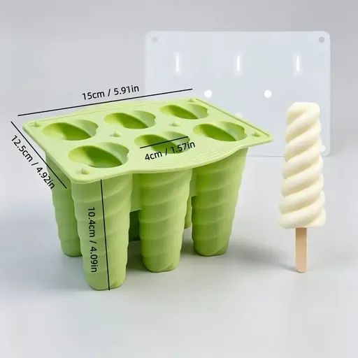Spiral Ice Cream Silicone Mold 6-Cavity Set | Lid-Designed, Easy Release, DIY Popsicles & Yogurt Bars, Essential Summer Fun for Family/GREEN