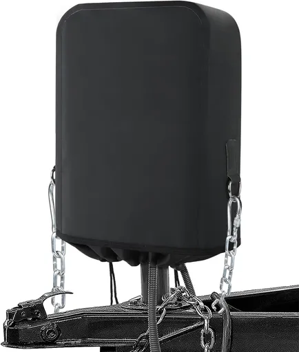 RV Electric Tongue Jack Cover – Heavy-Duty Waterproof Design with Chain Hooks, Protective Black Cover for Outdoor Camper Accessories