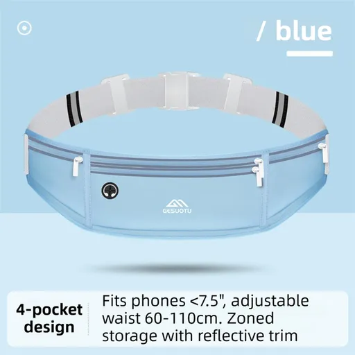 Blue Breathable & Waterproof Lycra Running Waist Bag for 7.5" Phone – Lightweight No Bounce Reflective Fitness Belt with 4 Zipper Pockets, Earphone Hole and Adjustable Strap for Men and Women