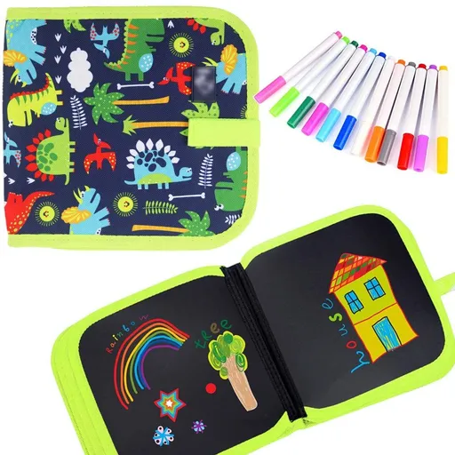 Reusable Drawing Pads, Preschool Travel Art Toy Scribbler Board for Travel, Road Trip, 14 Pages with 12 Watercolor Pens