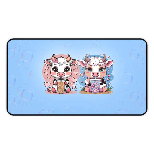 Story Nest Books Cow Desk Mat With Bubble Tea Cute Pastel Decor For Lovers Gamers Students Best Friend Gift Mouse Pad - 12" Ã— 22"