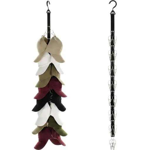 Efficient Hat Organizer with 360° Swivel Hook and Durable Clips for Caps, Hats, and Visors – Space-Saving Wall or Closet Mount Solution for Entryways, Bedrooms, and Wardrobes (16-Clips)