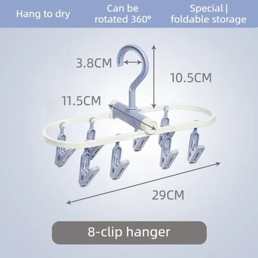 Folding Clothes Hanger with 8 Clips, Detachable Sock Drying Rack, Hanger for Home, Dorm, and Balcony - Blue
