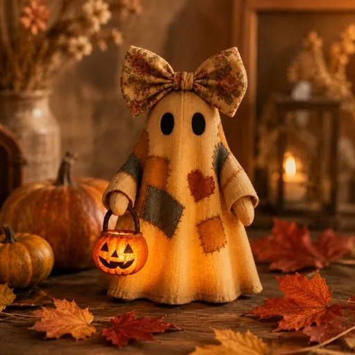 Vintage Patchwork Ghost with LED Pumpkin Lighted Halloween Ghost Decor for Mantels, Shelves & Entryways