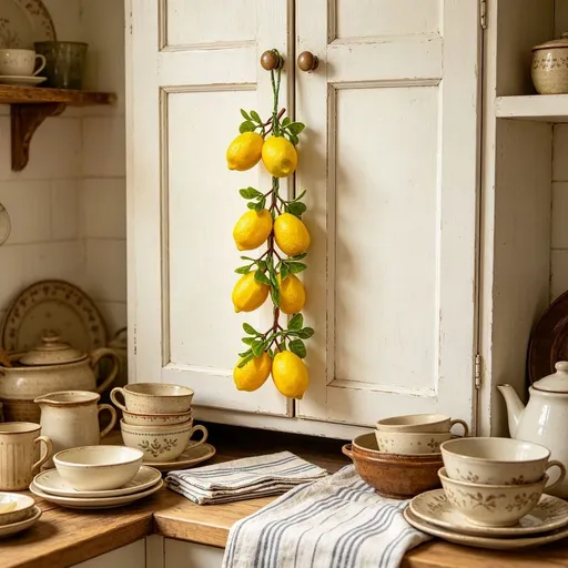 Fruit Garland, Artificial Lemon Hanging String Garland, Faux Lemon Leaf Vine Decor, Realistic Ornament for Kitchen, Home, Party, Wall & Farmhouse Style Use