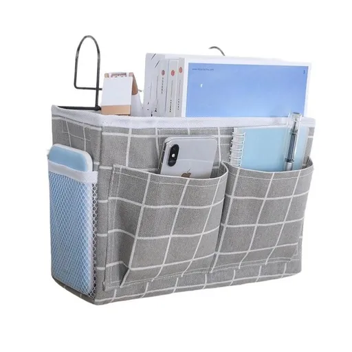 Hanging Bedside Storage Caddy with Pockets for Bunk Bed Dorm Couch Organizing - Grey Grid