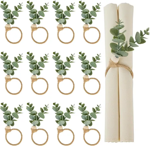 Napkin Rings Set of 12, Easter Napkin Rings, Boho Eucalyptus Leaf Napkins Rings, Wood Bead Farmhouse Easter Napkin Holder for Weddings Christmas Party Table Decoration