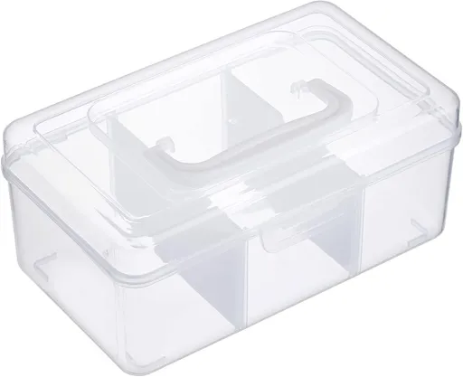 Petluno Clear Stackable Storage Box with Divider Tray, Plastic 3-Compartment Multi-functional Container for Nail Polish, Toys, Crafts, Stationery, Sewing, Fishing Gear Transparent Small