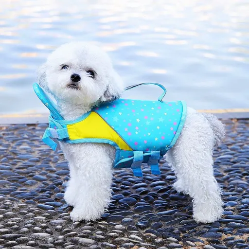 Dog Life Jacket with Rescue Handle and Adjustable Straps, Reflective Pet Swimming Vest for Small Medium Large Dogs, Floatation Safety Coat for Pool Beach Lake Boating and Outdoor Water Play (M, Star Dot Sky Blue)