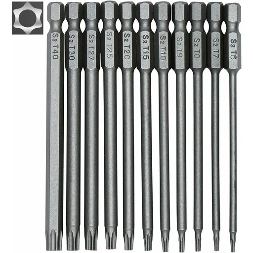 11 Piece Long Torx Screwdriver Bit Set - Magnetic Bits - 1/4" Hex Shank - Sizes T6 To T40 - 100Mm Length