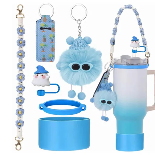 6pcs Cute Accessories Set for 20/30/40oz Tumbler Stanley Cup, Water Bottle Handle Strap, Siliocne Straw Cover and Plush Charms for Girls