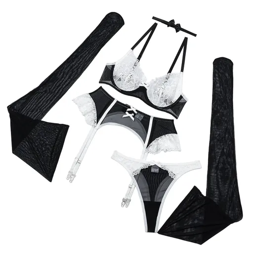 House Of Dasein Lace Bra Patchwork Contrasting Lingerie Maid Outfit With Steel Rim - Black And White - S