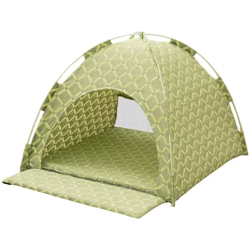 Green 48x42x40cm Summer Pet Cooling Tent Bed - Semi Enclosed Cat Dog House with Waterproof Oxford Fabric, Breathable Mesh, Fiberglass Frame, Non Slip Base