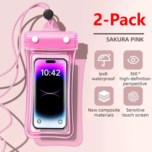 2 PCS Floating Airbag Phone Waterproof Pouch, IPX8 Touch Screen, Phone Case for Drifting and Outdoor Sports - Pink