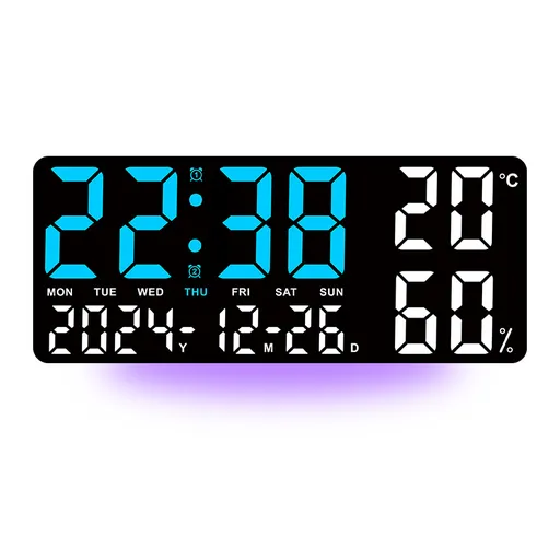 Black Background With Blue and White Light Sleek Large LED Digital Wall & Desk Clock - Remote Control, Temperature, Humidity, Dual Alarms, Calendar