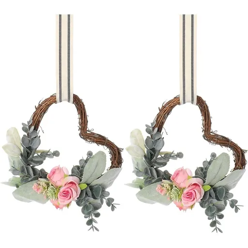 Mini Heart Wreaths for Kitchen Cabinets - 2PCS Grapevine Wreath with Rose and Eucalyptus for Front Door, Rustic Cabinet Heart Decor for Farmhouse Valentines Spring Summer Indoor Outdoor