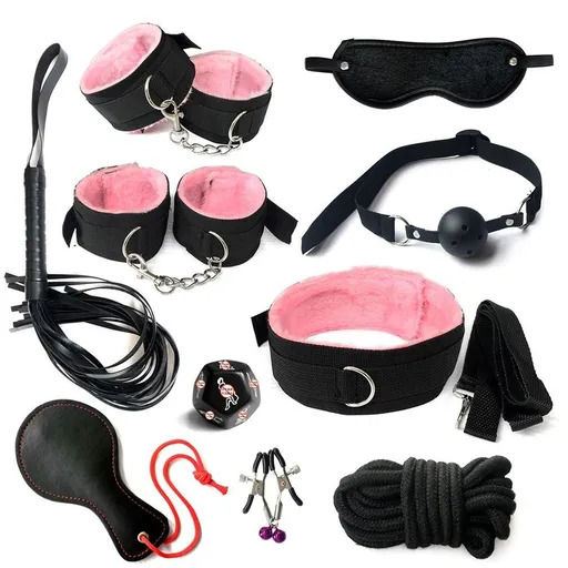 House Of Dasein Bdsm Beginners 10 Piece Bondage Restraints Starter Kit Set Pink Purple Black - Pink