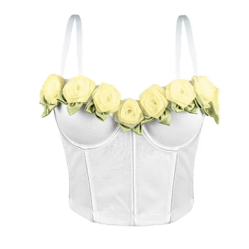 House Of Dasein Sexy French Style High-Grade Strapless Top Rose Mesh Gathered Fishbone Bustier For Women - White - 36B/80