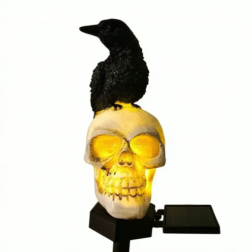 Halloween Outdoor Decoration Solar Lights, Waterproof Ghost Lights, Skull Solar Garden Lights with Black Crow on Skull
