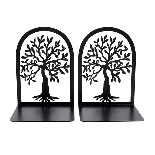 2 Pcs Bookends Creative Tree Pattern Black Metal Book Ends Durable Sturdy Iron Bookstand for Home School Office