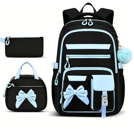 Girly 3-Piece Spine-Protecting Backpack Set | Durable Nylon Water-Resistant & Lightweight, Large Capacity with Insulated Lunch Bag, Essential for School & Travel/Black blue
