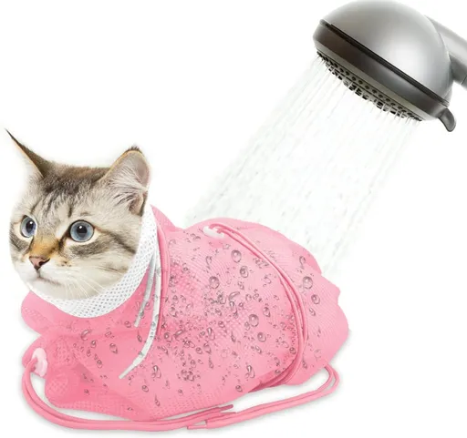 Cat Bath Bag Breathable Cat Shower Bag Anti-Scratch Cat Grooming Bag Adjustable - Pink - Size 19.6