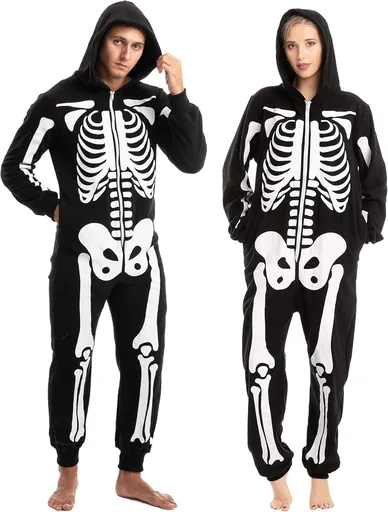 Unisex Skeleton Onesie Pajamas Plush Skeleton Jumpsuit Zipper Halloween Hoodie Pajamas for Adults Sleepwear Costume Black XL