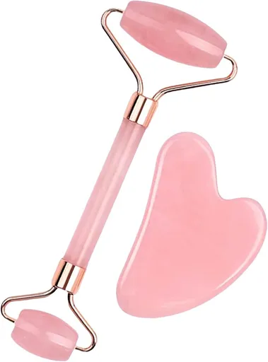 Rose Quartz Jade Roller & Gua Sha Stone - Facial Roller & Gua Sha Set - Natural Jade Roller - Facial Roller - Jade Roller - Facial Massage - for Lymphatic Drainage, Anti-Aging, Wrinkle Reduction, Anti-Puffiness & Radiant Skin