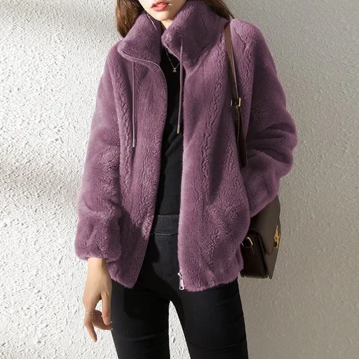 Women's Faux Fur Jacket | Trendy & Warm Coat - Burgundy - Size L(AU L/EU50)