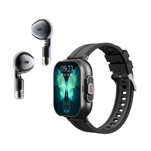 Black 2-in-1 Bluetooth Smartwatch with Integrated Earbuds for Sports