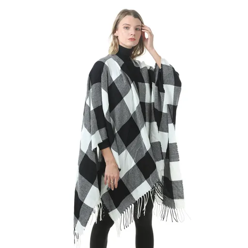 Women's Plaid Open-Front Poncho Cape – Soft Faux Cashmere Scarf Wrap with Tassel Detail (130 x 150cm)- Style P397