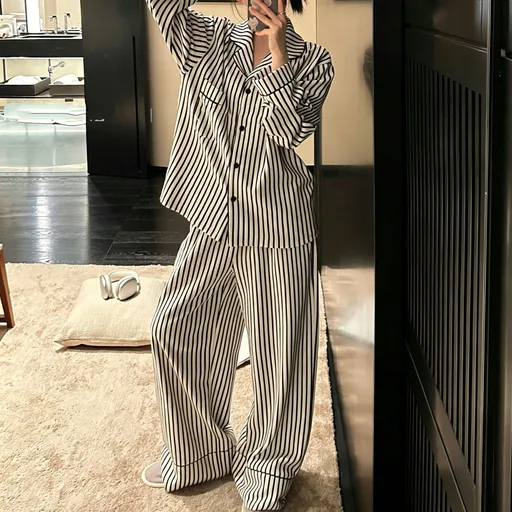 White Stripe Size XL | Plus Size Striped Pajama Set | Christmas Curvy Friendly Gift | Long Sleeve Loose Soft Women's Loungewear