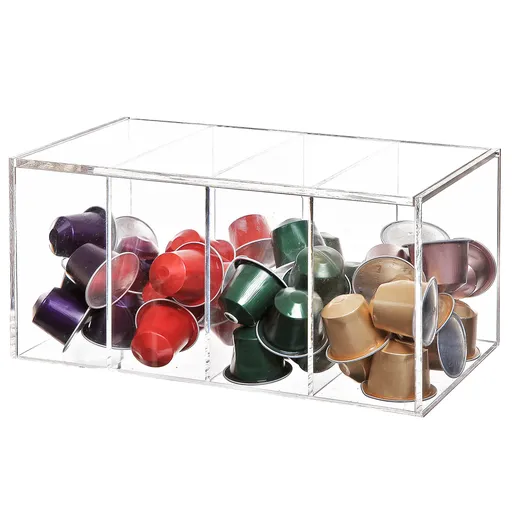 Deluxe Clear Acrylic Coffee Pod Holder, Coffee Bar Accessories Organizer with 4 Compartments and Hinged Lid