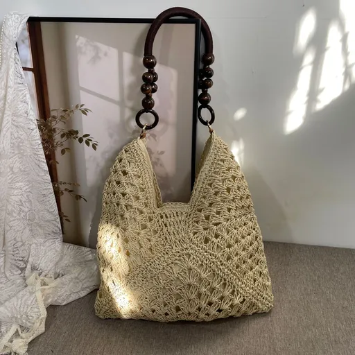 Stylish Paper Rope Crochet Woven Shoulder Bag, Solid Beige Versatile Straw Handbag, Holiday Beach Travel Tote, Christmas Halloween Vacation Fashion Gift