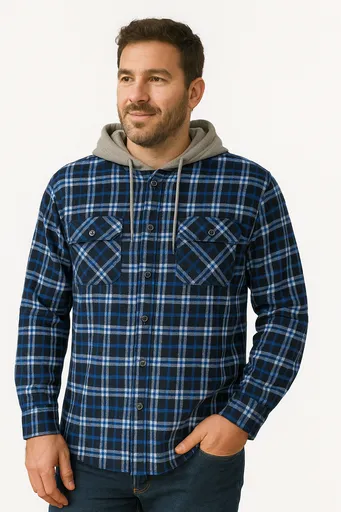 Mens Cotton Flannelette Shirt w Jersey Hood Long Sleeve Flannel - Turquoise