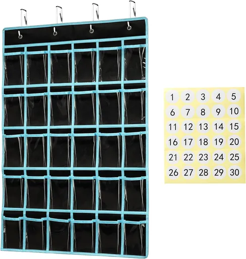 Classroom Pocket Chart Organizer,Cell Phones Calculator Holder for Classroom Storage, Hanging Wall Door Calculator Phone Caddy for Classroom. (30 Pockets-Black)