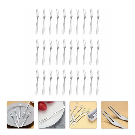 30Pcs Stainless Steel Fruit Forks Plated Silver Two Teeth Picks for Kitchen Party Supplies