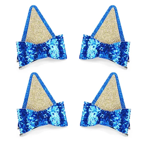 2 Pairs Blue Ears Hair Clips with Bows Glitter Hair Barrettes for Theme Party Supplies Cosplay Halloween Costume Birthday Decorations