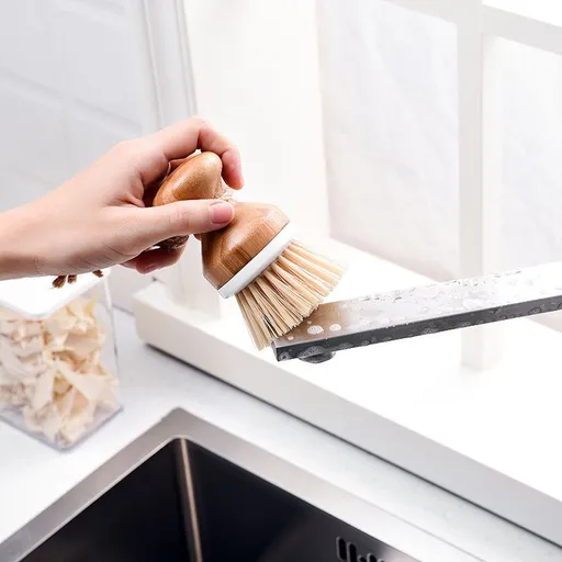 Bamboo Dish Brush – Ergonomic Palm Scrubber with Handle for Kitchen Cleaning, Hand Washable Green Brush, White, Pack of 1