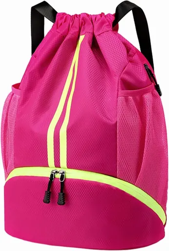 Sports Bag Backpack, Waterproof with inner and outer pockets, Sports bag with drawstring for football and basketball, Pinkish red