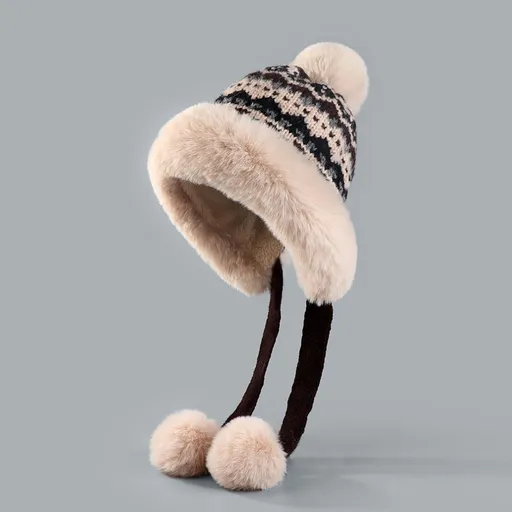 Hat - Thick wool knitted women's hat - Women's winter hat - Winter hat with pompoms - Warm wool lining - Aviator hat with earflaps - Christmas gift - Birthday gift (coffee color)