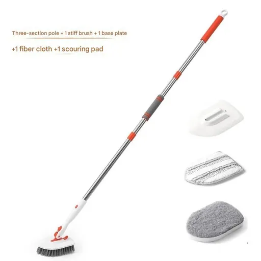 5-piece(Three-section pole+stiff brush+ base plate+fiber cloth+scouring pad) Long Handle Bathroom Floor Scrub Brush - 180° Rotating Angle, Stainless Steel Pole, Corner Cleaning Design for Tiles, Grout, Bathtub, Shower - Heavy Duty Cleaning Tool