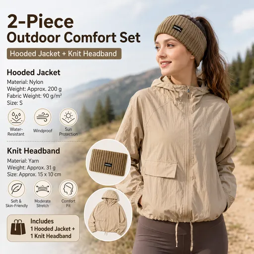 Women's Lightweight Outdoor Windproof and warm set - Khaki S Size Waterproof Windproof Sun Protection Hooded Raincoat and Khaki Knitted Warm Headband Set for Hiking Travel Daily Wear