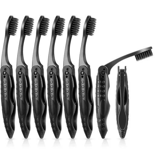8 Packs Travel Toothbrushes Individually Wrapped Black Folding Toothbrush for Travel Camping Portable Charcoal Toothbrush with