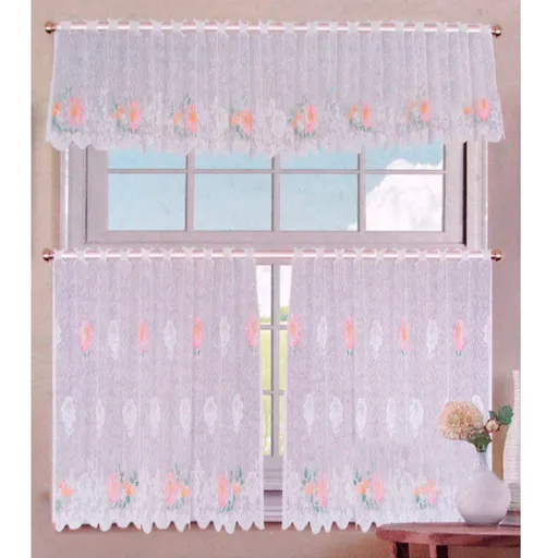 Cafe Lace Curtain Set Floral Design 3 Piece White Orange Pink Green Olive
