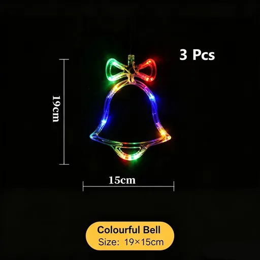 Indoor Christmas LED Suction Lights, Colourful Bell Shape Fairy Lights 3 Pack, Beautiful Window Holiday Lighting Ornament