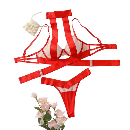 House Of Dasein Splicing Mesh Cross Underwear Perspective Hollow Back And Low Cut Charm Two Piece Set For Women - Red Skin Tone - S
